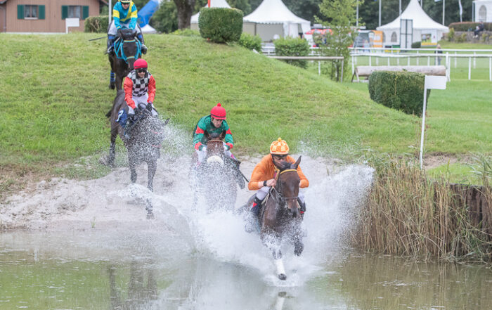 Vier Reiter in Action am Pferderennen in Aarau
