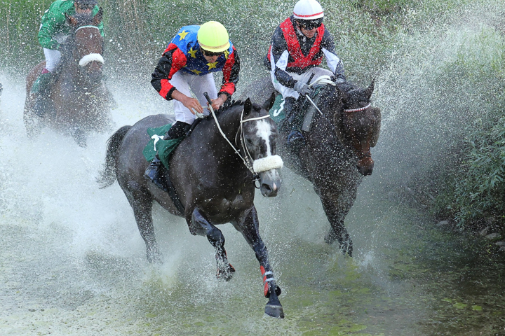 Spektakuläre Passage beim Wassergraben mit drei Reitern auf ihren Pferden